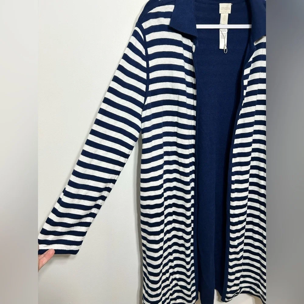 Chicos Striped Open Front Long Line Cardigan Sweater